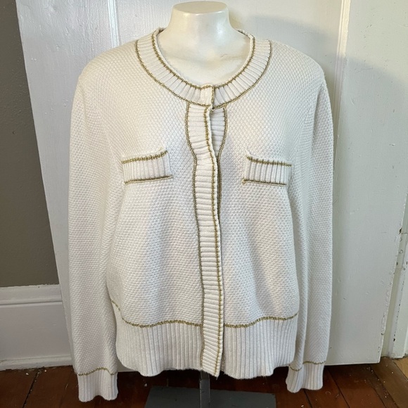 Adrianna Papell Metallic Stripe Waffle Knit Crop Cardigan Ivory Gold Size L - Picture 13 of 13